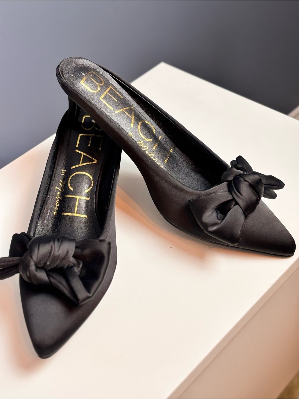 Black Satin Pointed-Toe Knot Mules BEACH